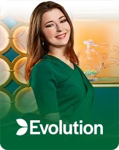 Smiling female game host in green dress representing Evolution Gaming with elegant background and logo