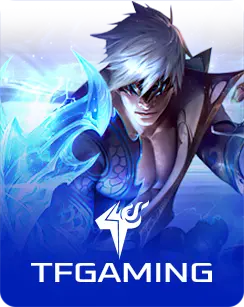 TF Gaming promo image featuring a white-haired warrior with glowing blue energy armor and a futuristic battle pose