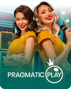 Two female live hosts in yellow dresses representing Pragmatic Play in a vibrant game show studio
