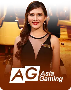 Asia Gaming female live dealer in a black dress, smiling in a professional casino studio environment