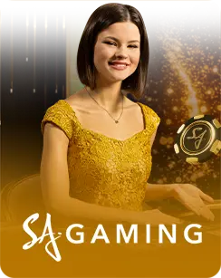 SA Gaming female live dealer in a golden dress, seated at a luxury casino table with glowing chips
