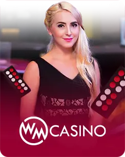 WM Casino female live dealer in a black dress with roulette elements and a sleek casino studio background