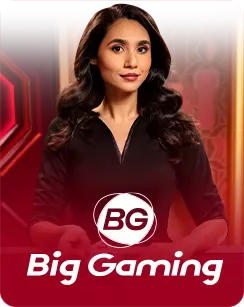 Big Gaming female live dealer in a black dress, standing confidently in a sleek red and gold studio