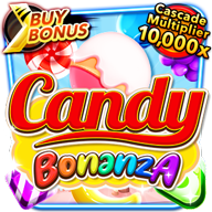 Candy Bonanza slot icon with colorful sweets, Buy Bonus tag, and 10,000x cascade multiplier