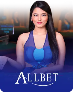 Allbet female live dealer in a blue dress, seated at a live casino table in a stylish studio