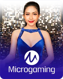 Microgaming female live dealer in a sparkling blue dress with a glittering background