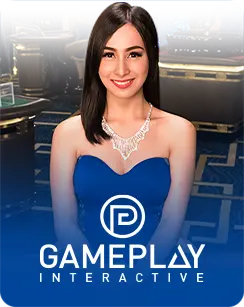 Gameplay Interactive female live dealer in a blue dress, smiling in a luxury casino environment
