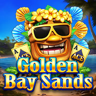 Golden Bay Sands slot icon with a smiling tiki face wearing sunglasses, tropical flowers, and playing cards on a beach background