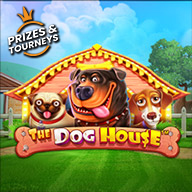 The Dog House slot icon featuring three cartoon-style dogs in front of a doghouse, with a “Prizes & Tourneys” badge