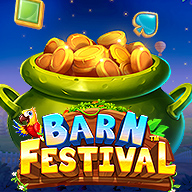 Barn Festival slot icon featuring a green pot filled with gold coins, colorful icons, and wooden barn sign