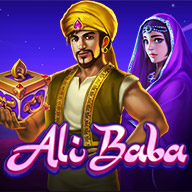 Ali Baba slot icon featuring a turbaned man holding a golden chest and a veiled woman in the background
