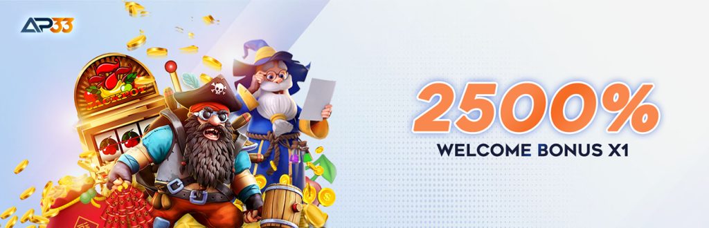 AP33 promotional banner showcasing a bold “2500% Welcome Bonus” offer, with vibrant visuals including coins, gift boxes, and a celebratory design aimed at new users.