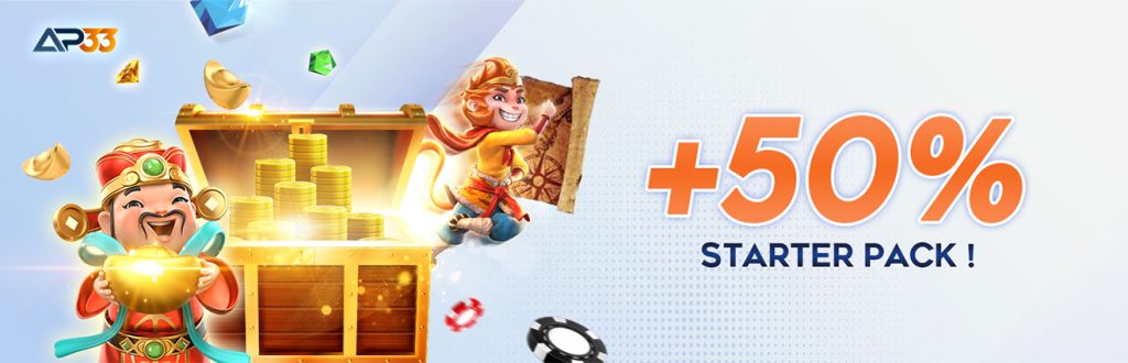 AP33 promotional banner showcasing the “+50% Starter Pack” bonus, with colorful graphics of coins, gift boxes, and welcoming visuals for new players.