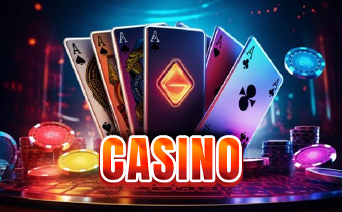 Casino-themed image featuring glowing poker cards, chips, neon lights, and bold red "CASINO" text
