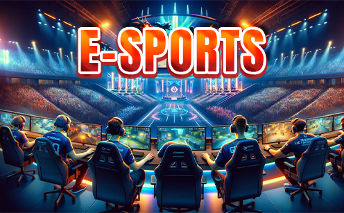 E-sports image showing a professional gaming arena with players at computer stations and bold red "E-SPORTS" text