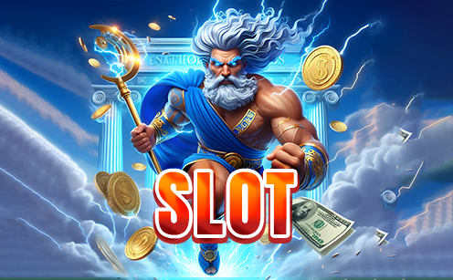 Zeus-themed slot game artwork with lightning, gold coins, dollar bills, and glowing SLOT text