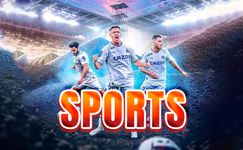Sports-themed image with three football players in a stadium, glowing background, and bold red "SPORTS" text