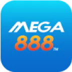 Mega888 logo with white “MEGA” text and gradient orange “888” on a blue background