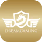 DreamGaming logo with a white dragon emblem inside a shield and wings on a gold gradient background