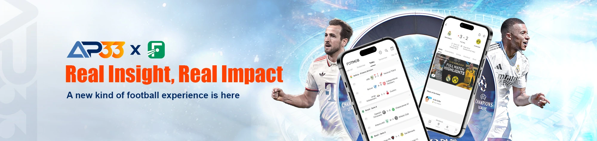 AP33 football insights promotion banner featuring soccer players and mobile apps displaying live match statistics and results