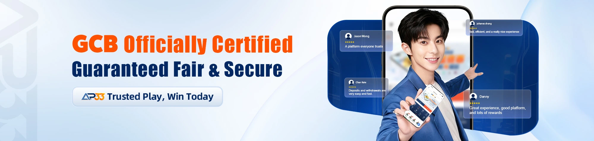 AP33 GCB certified banner highlighting fair and secure gaming with user testimonials and mobile app display