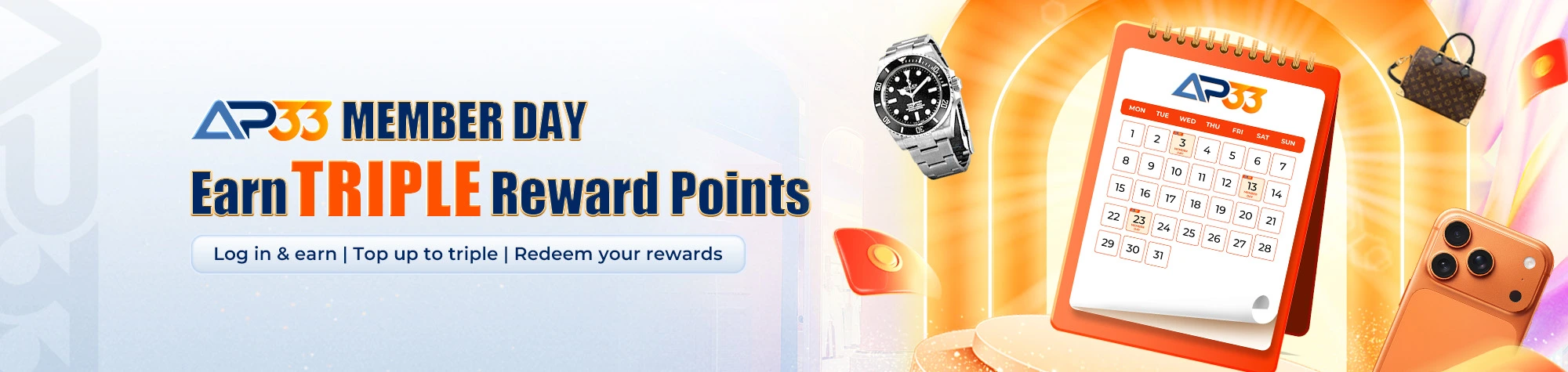 AP33 Member Day promotion banner offering triple reward points with calendar, watch, smartphone, and luxury items