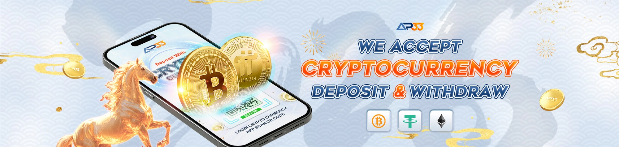 AP33 cryptocurrency deposit and withdrawal banner featuring Bitcoin, Tether USDT and Ethereum with a mobile QR payment interface.