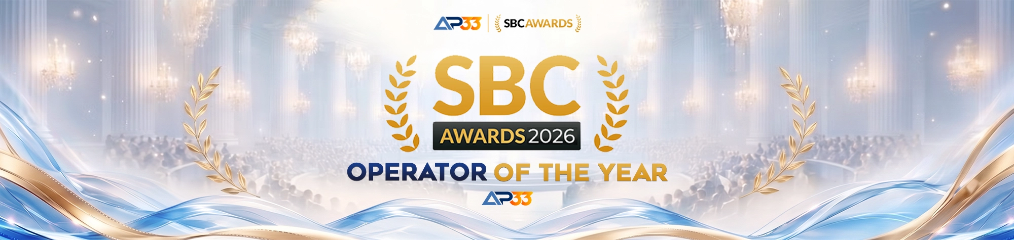 AP33 Operator of the Year banner for the SBC Awards 2026, featuring gold laurels and flowing blue-and-gold ribbons.